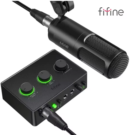 fifine KS6 Podcast Kit with Dynamic Mic/Sound Card, All-In-One Studio Set with Audio Mixer for PC Instrument Recording Streaming