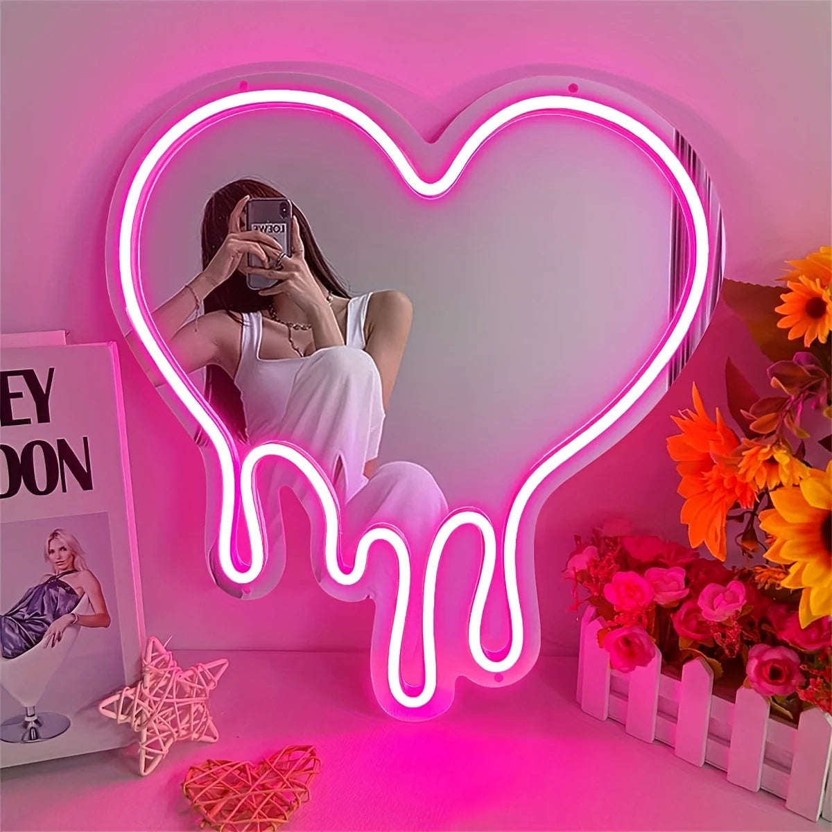 LED Heart Neon Sign Light for Bedroom Girl'S Room Party Studio Shop Decor Melt Heart with Pink Mirror Sign Perfect Birthday Gift