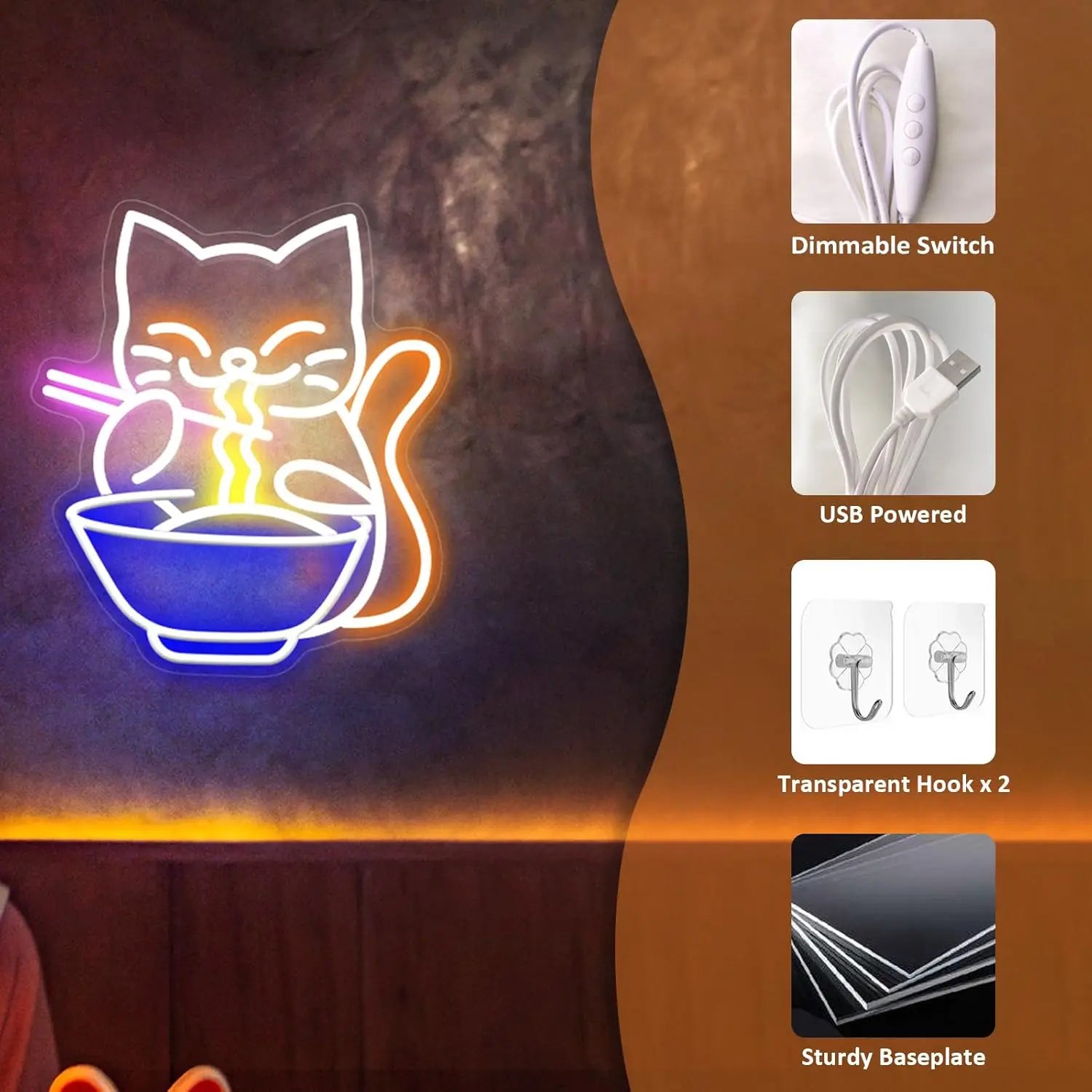 Lucky Cat Noodle Lneon Signs LED Neon Light Sign Light up Neon Signs Wall Decor for Home Bar Living Room Store Club Bistro