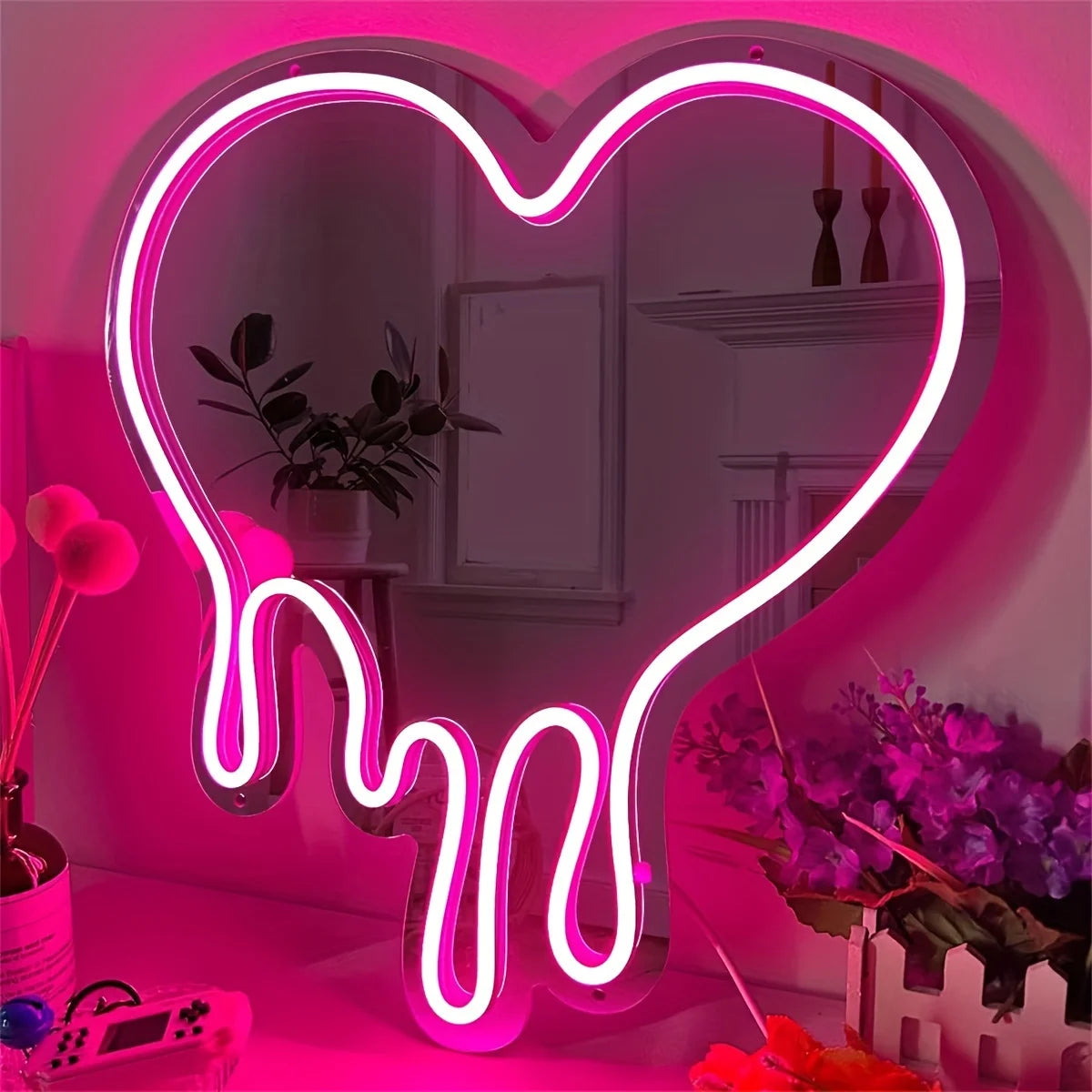 LED Heart Neon Sign Light for Bedroom Girl'S Room Party Studio Shop Decor Melt Heart with Pink Mirror Sign Perfect Birthday Gift